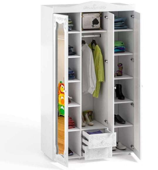 Шкаф 3-х дверный с ящиками и зеркалами Италия ИТ-58 белое дерево Шкаф 3-х дверный с ящиками и зеркалами Италия ИТ-58 белое дерево