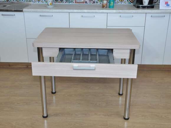 Симпл стол обеденный раскладной с ящиком / Ясень шимо светлый/хром