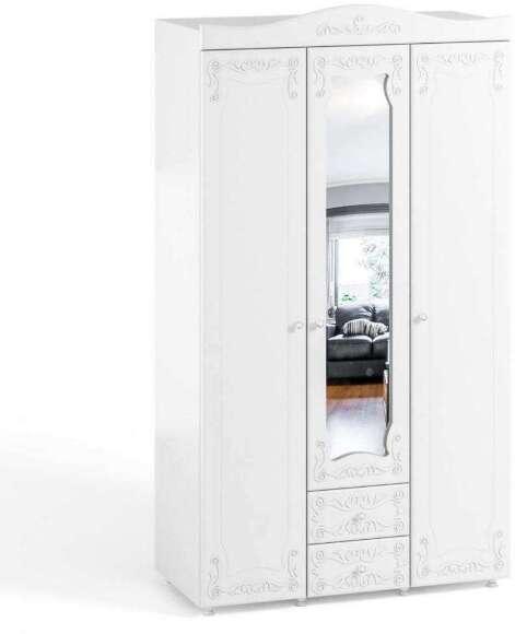 Шкаф 3-х дверный с ящиками и зеркалом Италия ИТ-57 белое дерево Шкаф 3-х дверный с ящиками и зеркалом Италия ИТ-57 белое дерево