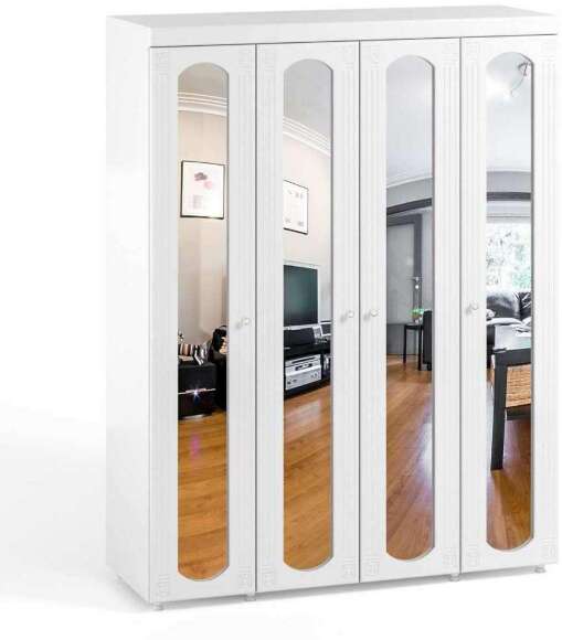 Шкаф 4-х дверный с 4-я зеркалами Афина АФ-61 белое дерево Шкаф 4-х дверный с 4-я зеркалами Афина АФ-61 белое дерево