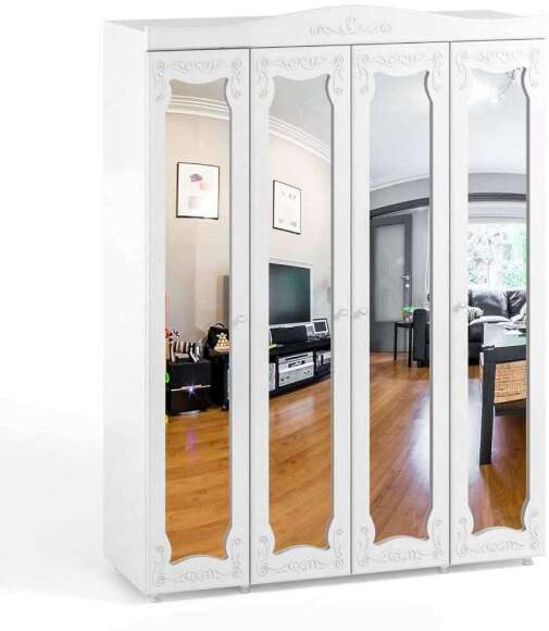 Шкаф 4-х дверный с 4-я зеркалами Италия ИТ-61 белое дерево Шкаф 4-х дверный с 4-я зеркалами Италия ИТ-61 белое дерево