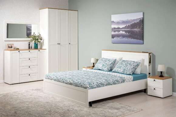 Кровать с ортопедическим основанием и опорами Остин 11.53, Белый шагрень, Дуб золотой Кровать с ортопедическим основанием и опорами Остин 11.53, Белый шагрень, Дуб золотой