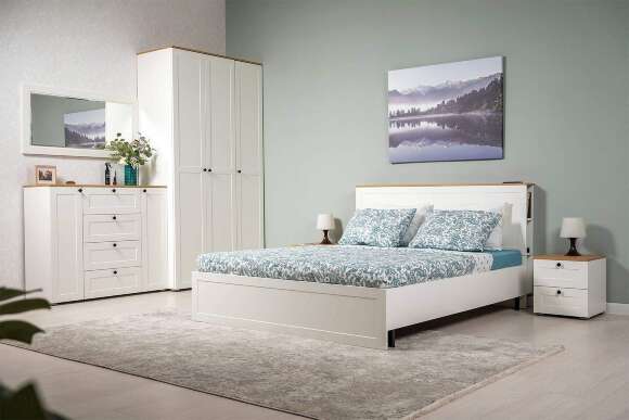 Кровать с ортопедическим основанием и опорами Остин 11.53, Белый шагрень, Дуб золотой Кровать с ортопедическим основанием и опорами Остин 11.53, Белый шагрень, Дуб золотой