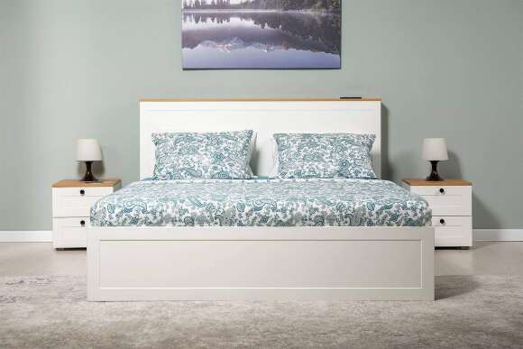 Кровать с ортопедическим основанием и опорами Остин 11.53, Белый шагрень, Дуб золотой Кровать с ортопедическим основанием и опорами Остин 11.53, Белый шагрень, Дуб золотой