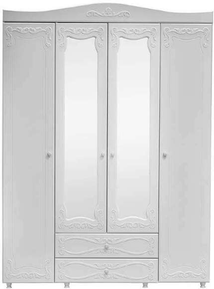 Шкаф 4-х дверный с ящиками и 2-я зеркалами Италия ИТ-63 белое дерево