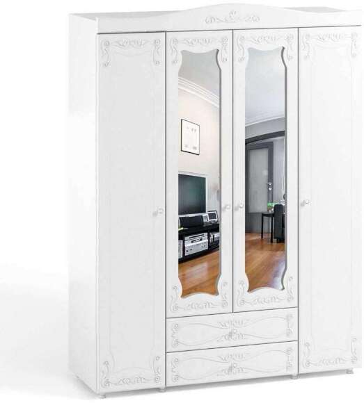 Шкаф 4-х дверный с ящиками и 2-я зеркалами Италия ИТ-63 белое дерево