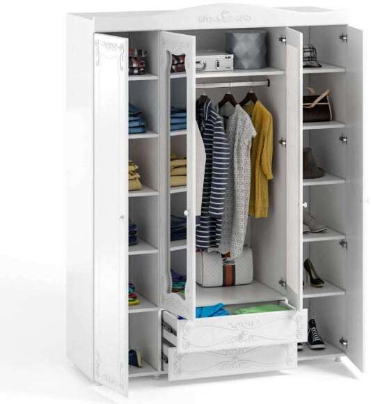 Шкаф 4-х дверный с ящиками и 2-я зеркалами Италия ИТ-63 белое дерево