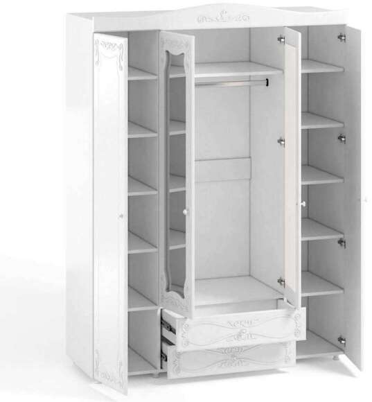Шкаф 4-х дверный с ящиками и 2-я зеркалами Италия ИТ-63 белое дерево