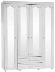 Шкаф 4-х дверный с ящиками и 4-я зеркалами Афина АФ-64 белое дерево