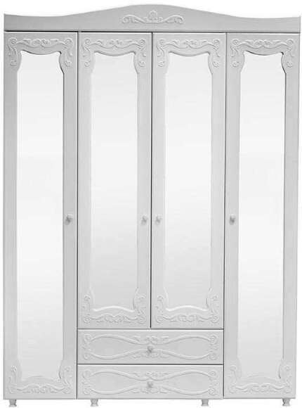 Шкаф 4-х дверный с ящиками и 4-я зеркалами Италия ИТ-64 белое дерево