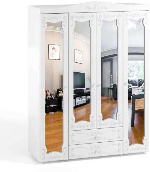 Шкаф 4-х дверный с ящиками и 4-я зеркалами Италия ИТ-64 белое дерево