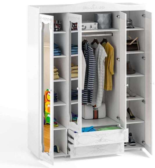 Шкаф 4-х дверный с ящиками и 4-я зеркалами Италия ИТ-64 белое дерево