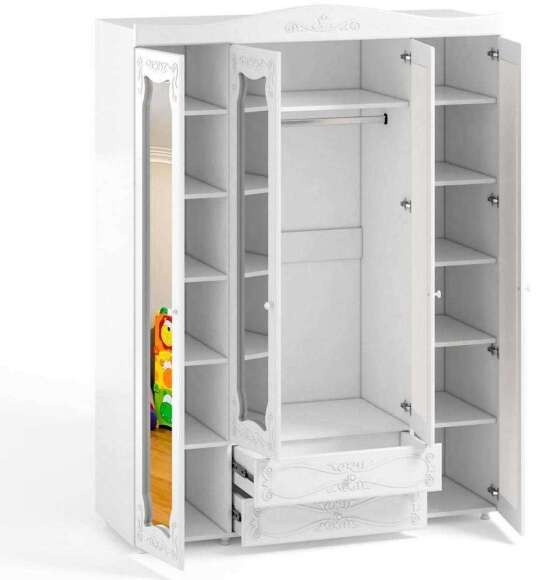 Шкаф 4-х дверный с ящиками и 4-я зеркалами Италия ИТ-64 белое дерево