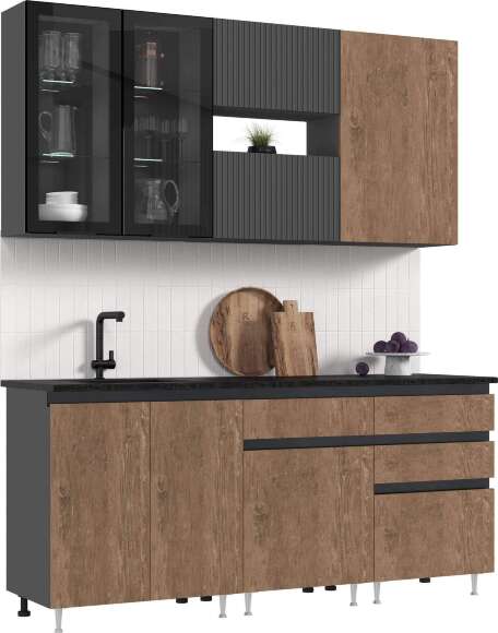 Кухня Техно-6 2,0м (Графит/Экзотическое дерево Амазония/Графит софт NEW)