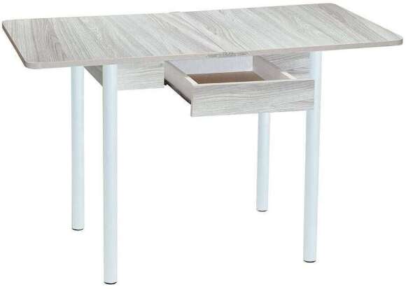 Эко 80х60 стол обеденный раскладной с ящиком / Ясень светлый/белый