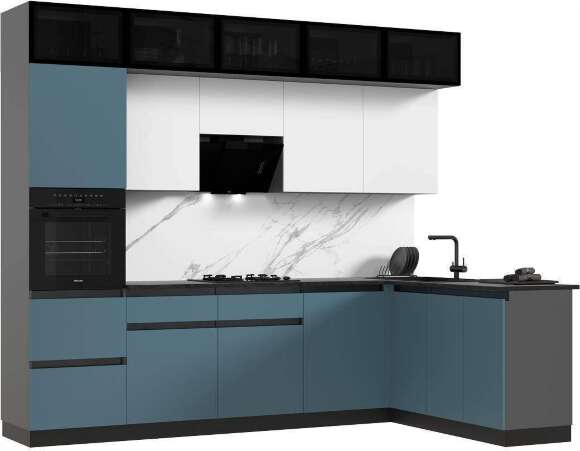 Кухня Техно-6 3,0х1,8м (Белый/Браш Блю)