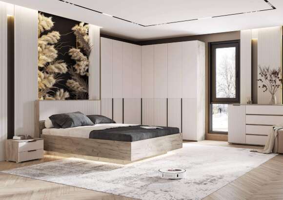 С/Г Марвэл Кровать парящая 1,6м (ортопед дерево) с подсветкой (Кашемир, Дуб Крафт серый)