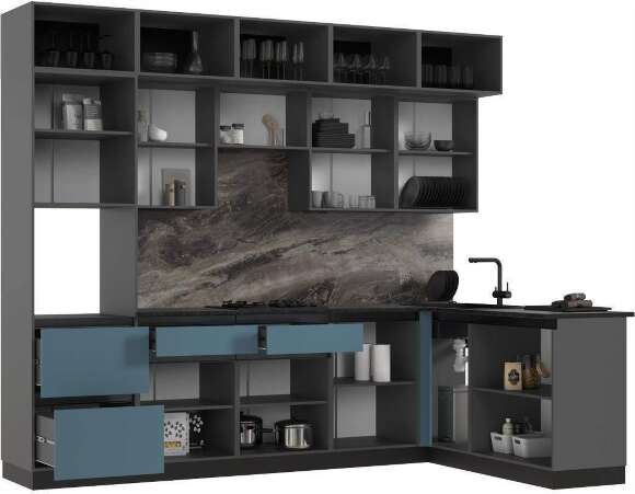 Кухня Техно-6 3,0х1,8м (Браш Блю/Браш Вайт, Белый)