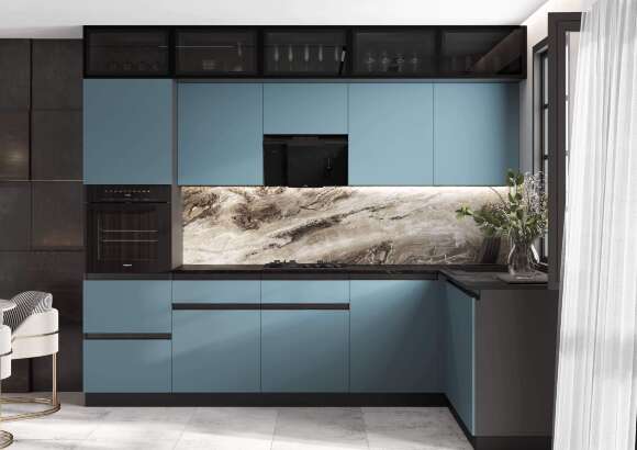 Кухня Техно-6 3,0х1,8м (Браш Блю/Браш Вайт, Графит)