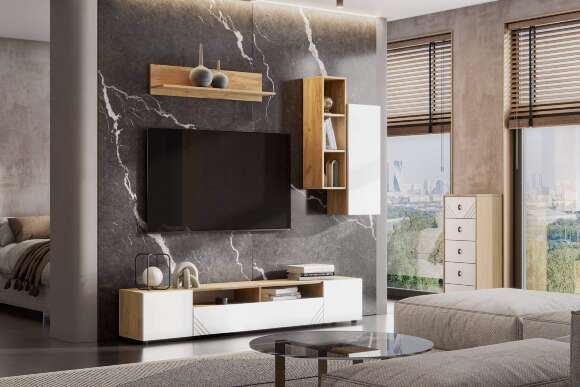 Тумба для ТВ Байкал, Дуб золотой, Белый матовый