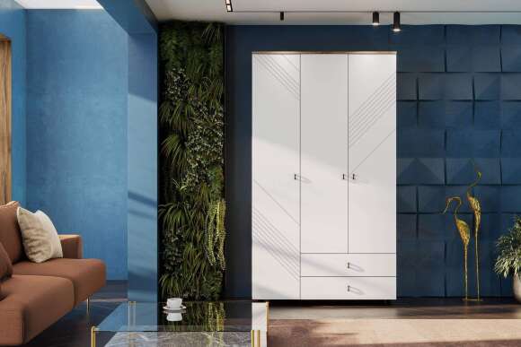 Шкаф трехстворчатый с ящиками Байкал, Дуб Золотой, Белый матовый