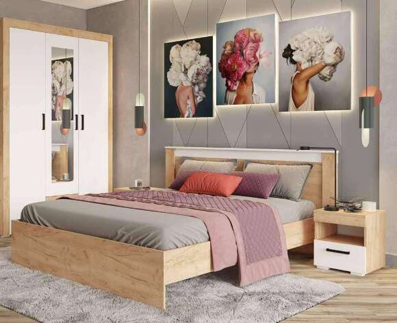 Кровать 160х200 с основанием Адель (ТЭКС) Белый / Дуб Крафт