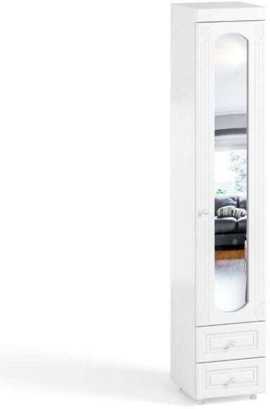 Шкаф-пенал 1дв. (гл.560) с зеркалом и ящиками Афина АФ-37 белое дерево