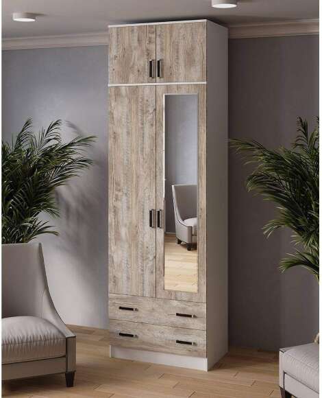 Шкаф с зеркалом и антресолью Лагуна 80 см, белый/дуб юкон Шкаф с зеркалом и антресолью Лагуна 80 см, белый/дуб юкон