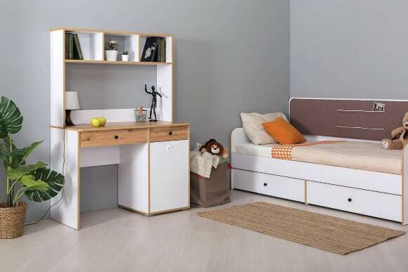 Стол письменный Вуди 12.42, Белый премиум, Дуб Золотой