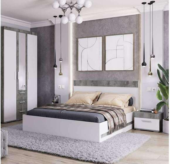 Кровать двойная с реечным настилом Инстайл КР-04 160х200, Бетон, белый Кровать двойная с реечным настилом Инстайл КР-04 160х200, Бетон, белый