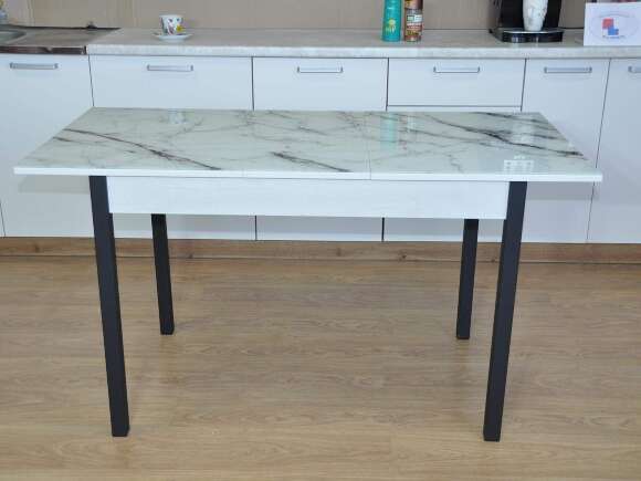 Альфа фотопечать стол обеденный раздвижной / белый мрамор/бетон белый/черный