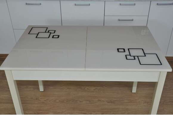 Альфа фотопечать стол обеденный раздвижной / квадраты на бежевом/дуб молочный/бежевый