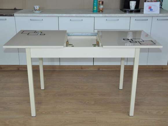 Альфа фотопечать стол обеденный раздвижной / квадраты на бежевом/дуб молочный/бежевый