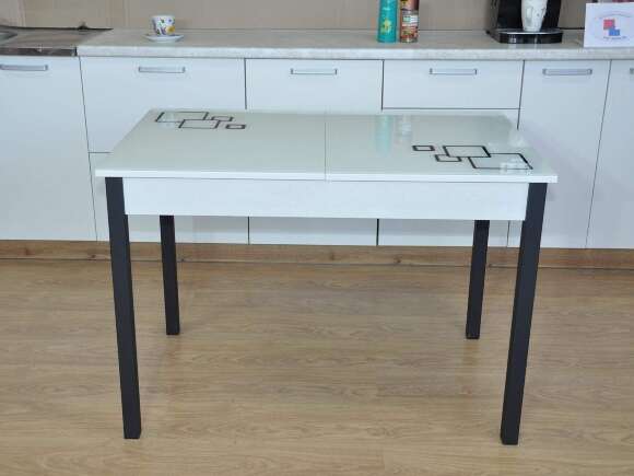 Альфа фотопечать стол обеденный раздвижной / квадраты на белом/бетон белый/черный