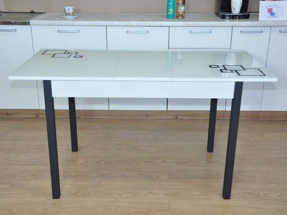 Альфа фотопечать стол обеденный раздвижной / квадраты на белом/бетон белый/черный