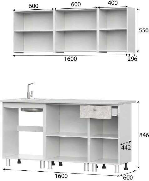 Кухонный гарнитур КГ 1 1.6 м, белый/цемент светлый Кухонный гарнитур КГ 1 1.6 м, белый/цемент светлый