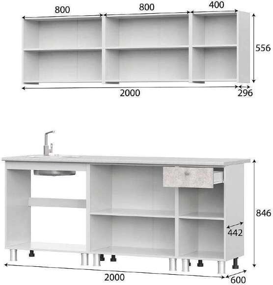 Кухонный гарнитур КГ 1 2.0 м, белый/цемент светлый Кухонный гарнитур КГ 1 2.0 м, белый/цемент светлый