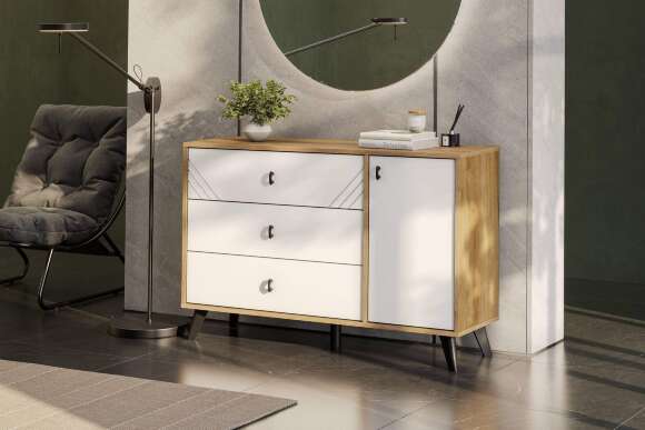 Комод 3 ящика Байкал (со створкой), Дуб Золотой, Белый матовый