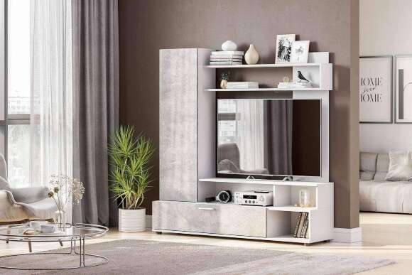 Стенка в гостиную МГС 9, белый/цемент светлый