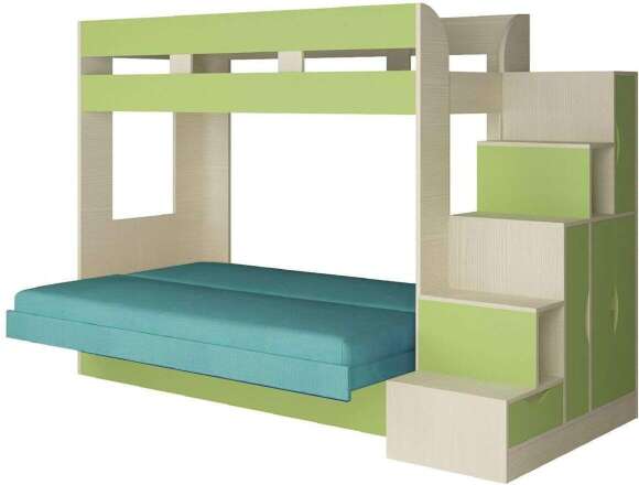 Карамель 75-01 Кровать-чердак Зеленый / Бодега светлый / Велюр Морская волна