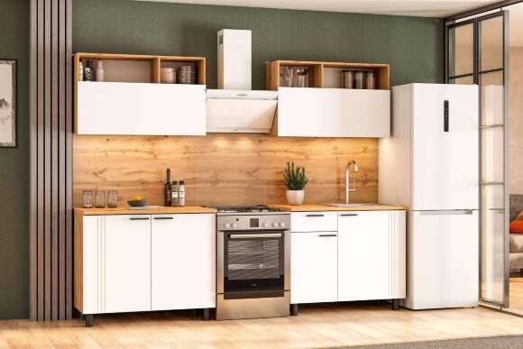 Кухонный гарнитур Монако 2м, Дуб Золотой;Белый матовый;Дуб Вотан