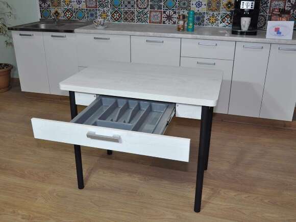 Симпл стол обеденный раскладной с ящиком / бетон белый/черный