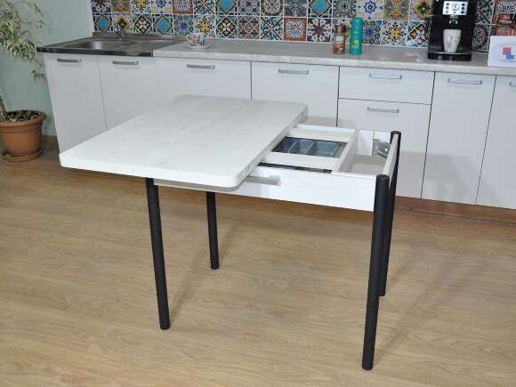 Симпл стол обеденный раскладной с ящиком / бетон белый/черный